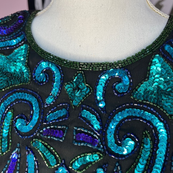 Vintage Sequin Top 100% silk Lawrence Kazar teal turquoise purple size Small - Picture 4 of 9